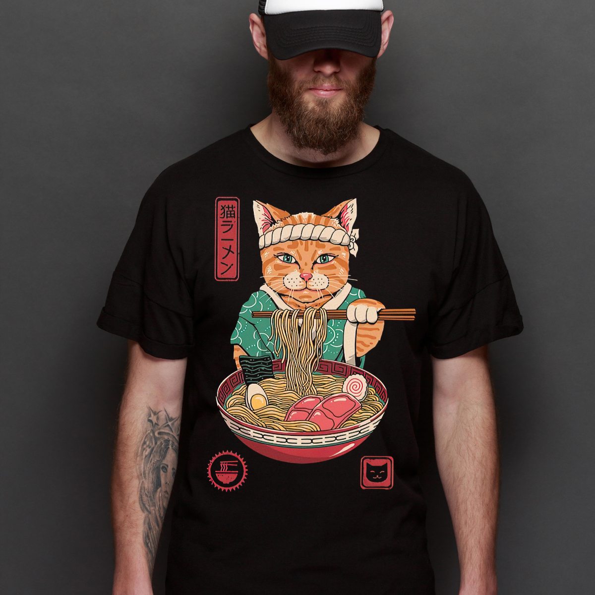 Noodle Cat Black T-shirt Funny Tee