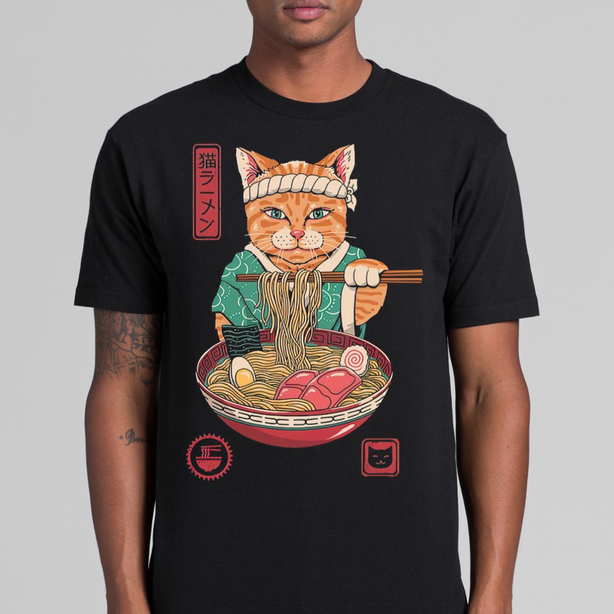 Noodle Cat Black T-shirt Funny Tee