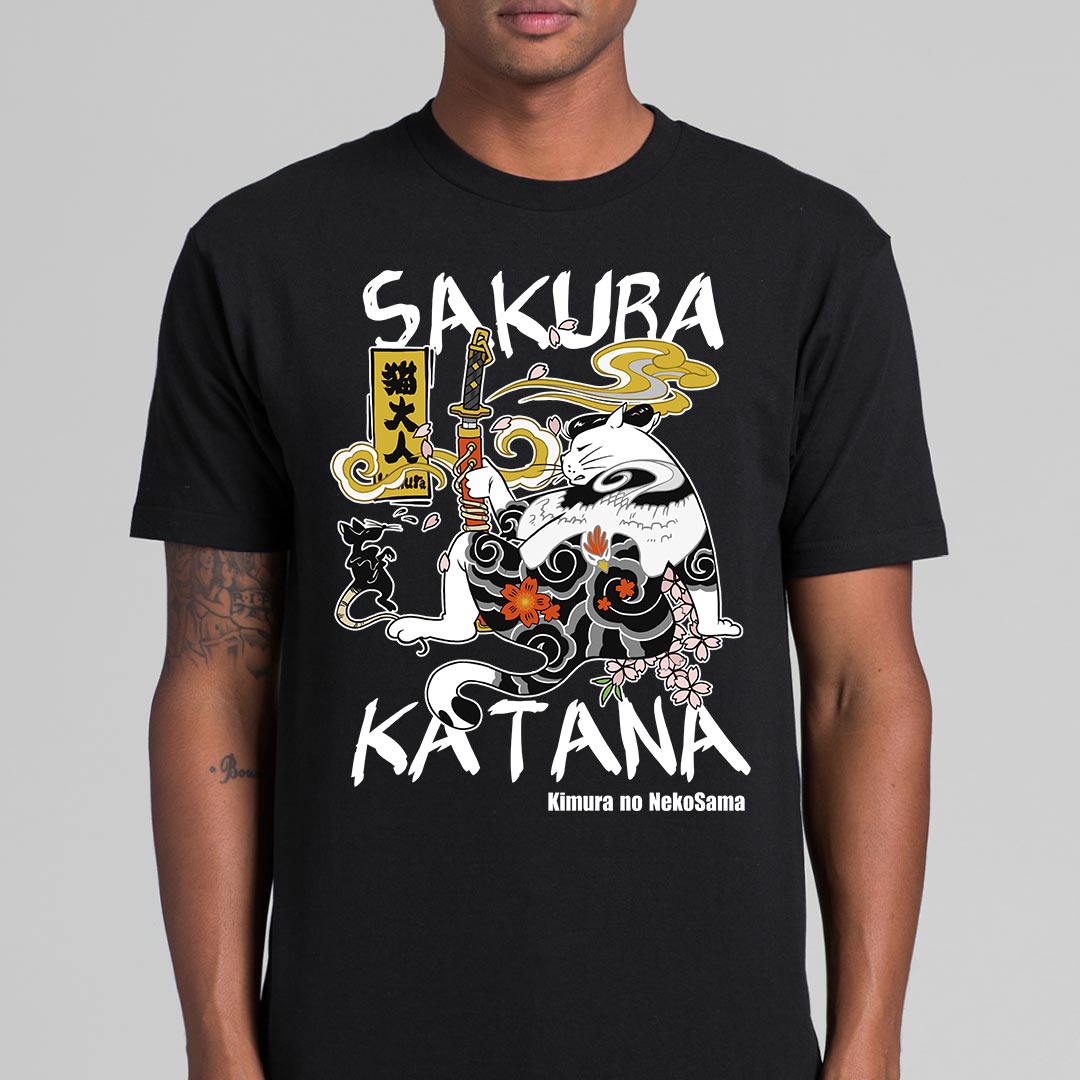Cat Samurai Sakura Katana T-Shirt Funny Cat Tee