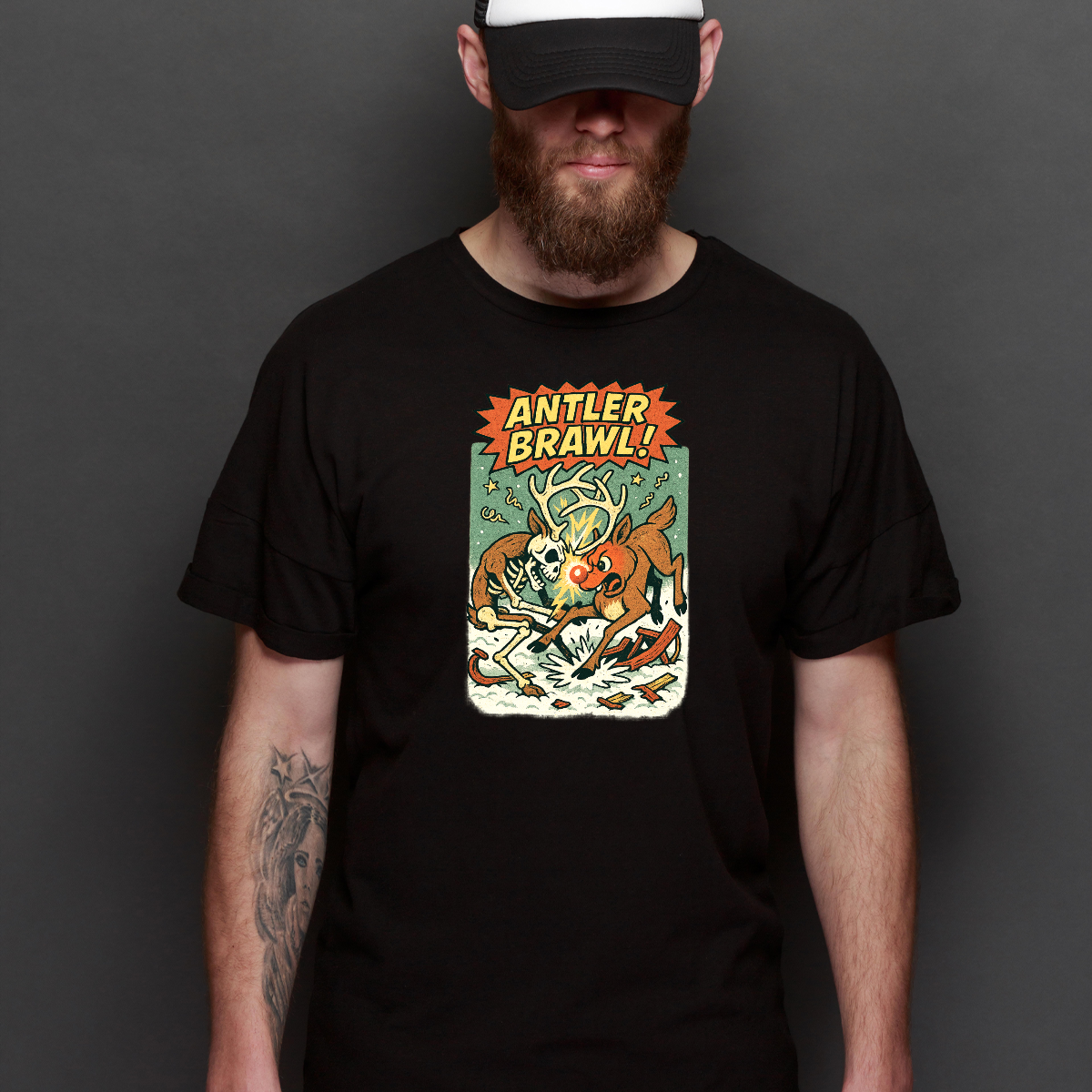 Antler Brawl Christmas T-Shirt Cartoon Tee