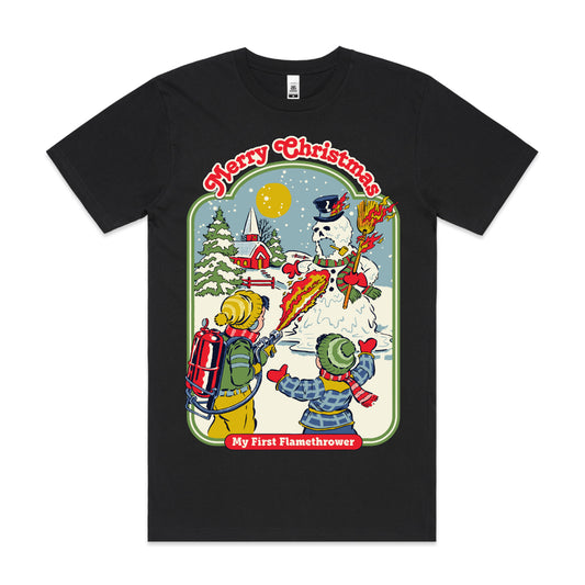 Merry Christmas My First Flamethrower T-shirt Funny Cartoon Tee