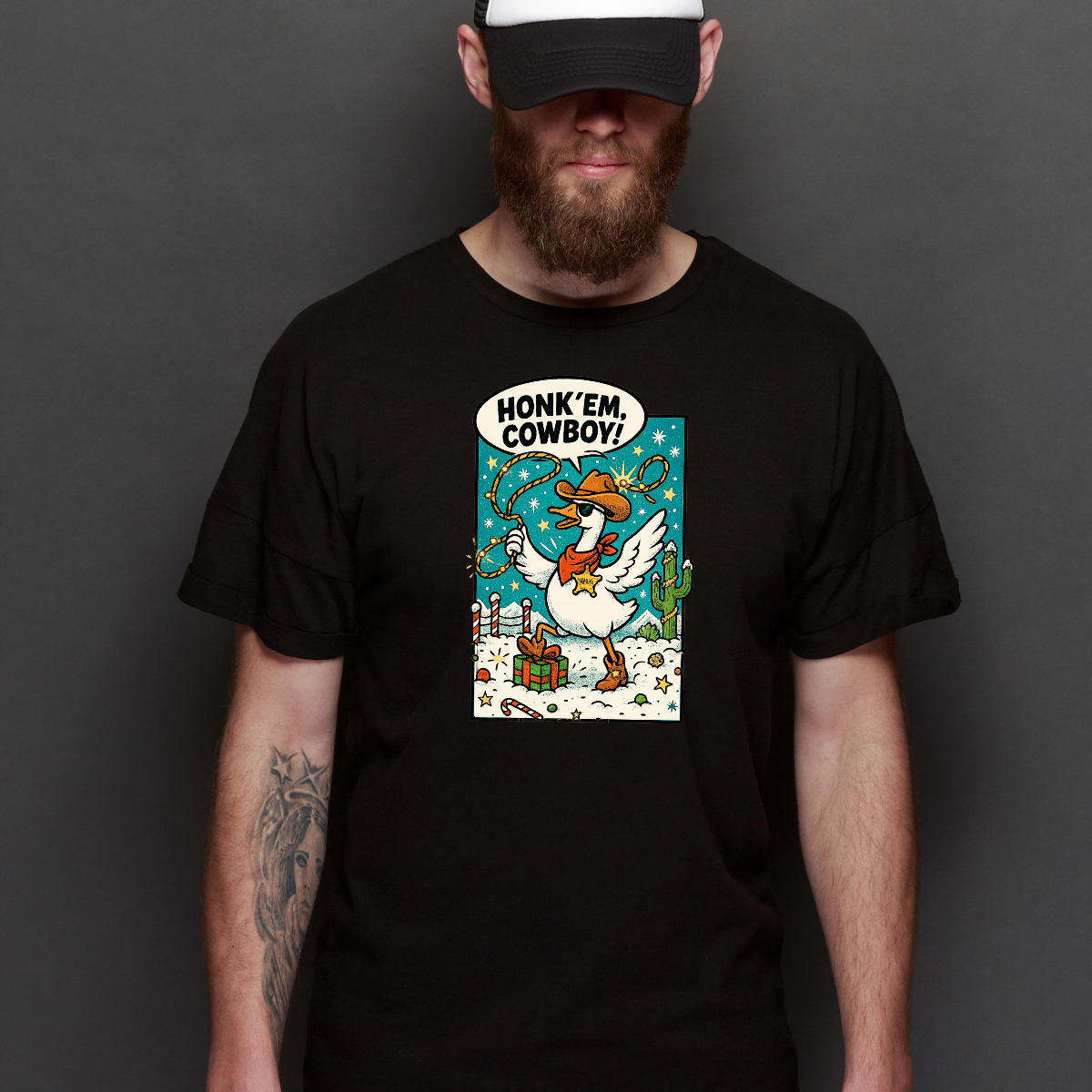 Honk' Em Cowboy Christmas T-Shirt Cartoon Tee